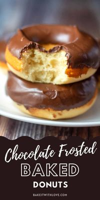 These chocolate frosted baked donuts are a tasty treat for any chocolate lover and they're easy to eat on the go! The smooth chocolate frosting is made right in the microwave and there is no oil or grease required. You can even make these doughnuts the night before and have breakfast ready in the morning! BakeItWithLove.com #bakeitwithlove #donuts #doughnuts #baking #chocolate #frosting #breakfast