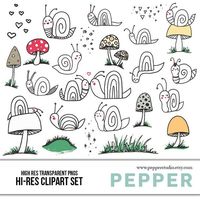 Digital - Happy Snails & Mushrooms Illustration Clipart, Hi Res Printable Hand Painted Doodles, for