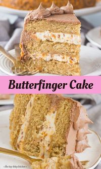 With soft peanut butter cake layers, crunchy Butterfinger filling, and creamy chocolate peanut butter frosting, this Butterfinger cake recipe is a totally dreamy dessert. Made from scratch, this makes a wonderful birthday cake for fans of peanut butter!