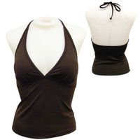 V-neckline, ties at neck & open back, waist length.