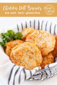 Golden brown on the outside and light and fluffy on the inside, these keto Cheddar Dill Biscuits are the perfect addition to any meal.