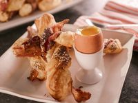 Bacon-Cheddar Twists with Soft-Cooked Eggs recipe from Bobby Flay via Food Network