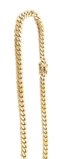 This Yellow Gold Miami Cuban Link Curb Chain is presented in 14K topped off with a professional bright polish for extra shine. This miami cuban link chain is 5.6 mm wide, and comes in different lengths from 22 inches to 40 inches long. This glitzy miami link chain is available in 14K white, yellow and rose gold and in different chain lengths.