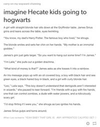 But then James is really persistent and tries super hard to win her over, and she's secretly enjoying his attention, but she still complains to the other demigods so much that a couple of the Seven show up at Hogwarts and start threatening James, and then she defends him and then they get married. Whoops, did I skip ahead there? Oh well.