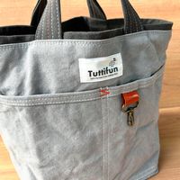 tuttifun＊ BAG bag - light gray H29cm W43cm D20cm #minne_new #リンネル#帆布バック#一点物#切りっぱなし #デニムバック#お散歩バック#帆布と革#オシャレバック#tuttifun#迷彩バック#アップリケバック#ツギハギ#ハンドメイド#バックインバック#プレゼント#自宅ショップ#巾着バック#チェック