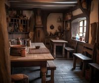 architecture, house, desigh, interior, medieval, fantasy, digital, illustration, realistic, table, window, floor, dishes