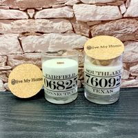 Olive My Home Zip Code Candle. Choose your town & candle scent. Beautiful wood wick soy candle with cork lid.