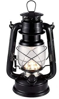 Vintage LED Hurricane Lantern, Warm White Battery Operated Lantern, Antique Metal Hanging Lantern with Dimmer Switch, 15 LEDs, 150 Lumen for Indoor or Outdoor Usage (Black)