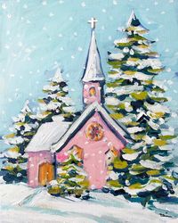 Print by Maren Devine Title: "Christmas Church" Size: Various, see pull down menu.  Pink Snowy Church. Printed on heavy premium paper using archival quality inks. Paper prints have a white border for easy framing. Canvas prints are finished out with hangers. Canvas print sides are 1 1/2" and are very light gray..Questi