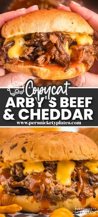 This recipe for slow cooker beef and cheddar sandwiches is the Arby's copycat you've been waiting for! Low and slow cooked chuck roast smothered in Arby's sauce topped with cheese sauce piled high on an onion bun. It's an easy way to recreate everyone's favorite takeout at home!