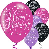 Contains 6 x latex balloons in a mix of pink, purple and black colours with Happy Birthday print.