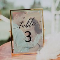 This elegant calligraphy faded photo 5x7" table number card is perfect for a simple wedding. The neutral design features romantic and whimsical typography with two of your photos, one on the front and one on the back. The card prints on the front and back (double-sided). Add each table number that you need to your cart individually.