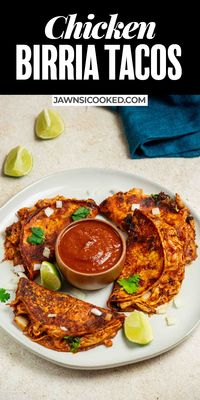 This Easy Shredded Chicken Birria Tacos recipe comes together start to finish in a dutch oven, for a super flavorful birria sauce and tender shredded chicken, all in under 2 hours! Add some melty oaxaca cheese, fresh cilantro and onion for the ultimate fried, crispy chicken taco!