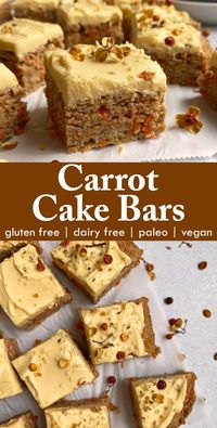 These healthy Vegan Carrot Cake Bars are a great way to celebrate Spring! This easy carrot cake bar recipe is not only Vegan, but gluten free and Paleo friendly. Made with coconut and tapioca flour, sweetened with bananas and flavored with cinnamon, nutmeg and vanilla. These Paleo Vegan carrot bars are toddler friendly and kid approved! #carrotcakebars #paleovegan #eggfree #nutfree