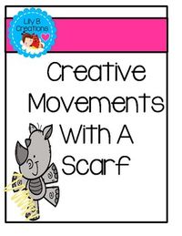 Creative Movements With A Scarf is a unit that provides you with 24 action cards. You know if you put a scarf in a child's hand and turn on some music the child will automatically begins to move. I tape 6 of these cards on the wall, hand out scarves, and turn on some music. Then, I point to a card, call out the name on the card, and together the children and I do the fun action. I have included instructions for some of the cards.Helicopter - twirl the scarf above your head.Rainbow- move scarf above head in an arc.Tick Tock- move scarf like a clock with a pendulum.Paint A Picture - move scarf up and down.