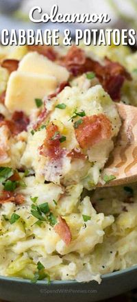 Colcannon is the perfect dish for St. Patrick's Day (or any other day you're craving the best ever comfort food)! Combining the flavors of sweet cabbage, fried onion and creamy mashed potatoes creates a traditional Irish dish that will fill the family and leave them feeling satisfied! #spendwithpennies #colcannon #mashedpotatoes #cabbage #cabbageandbacon #cabbagerecipe #mashedpotatoesrecipe