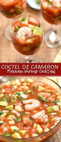 Coctel de Camarones with shrimp, tomatoes, onions, cucumber, cilantro, jalapenos in clam and tomato juice cocktail. This Mexican Shrimp Cocktail is refreshing and seriously addicting! Serve with saltine crackers or tostadas for the best Mexican flavors! #appetizers #shrimp #seafood #recipes #Mexicanfood #shrimpcocktail