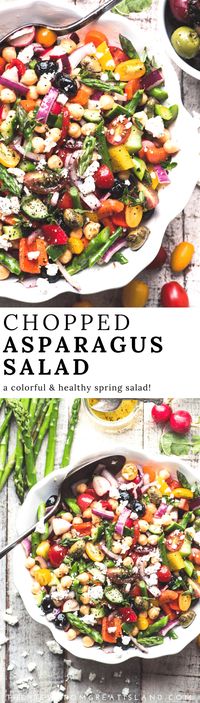 Chopped Asparagus Salad, is a healthy gluten free bean salad perfect for spring.  Add some great canned tuna and hard cooked eggs to make it a main course salad.  #recipe #easy #salad #asparagus #beansalad #glutenfree #healthy #nomayo #Mediterraneandiet #weightwatchers #feta #choppedsalad #lunch #sidedish #vegetarian #vegan rn