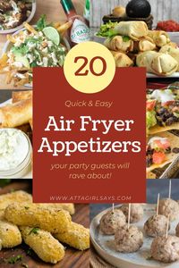 20 delicious homemade appetizers you can make in an air fryer, including including nachos, meatballs, kebabs, loaded potato skins, fried ravioli, avocado fries, egg rolls, fried pickles and more.