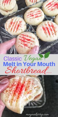 This traditional shortbread recipe is so easy to make! The cookie is tender, crisp and melts away when you take a bite! This vegan recipe tastes buttery, has the right amount of sweet and looks gorgeous! Super flexible dough can be rolled and cut, or dropped and pressed. #veganholidayrecipes #vegancookies #shortbreadcookies #veganshortbread #veganshortbreadcookies #vegandessert #veganchristmas #veganchristmasbaking