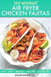 These Air Fryer Fajitas are full of juicy chicken and perfectly seasoned veggies. Made with affordable everyday pantry staples, air fryer chicken fajitas are a great go-to for Mexican nights, easy weeknight dinner, lunches, and game day spreads. Cooking fajitas in the air fryer is SO easy. Click through to get the awsome air fried chicken fajitas recipe!! #airfryer #airfryerrecipes #airfriedchickenfajitas #airfryerfajitas #fajitasrecipe #chickenfajitas #mexicanfood #chickenrecipes #glutenfree