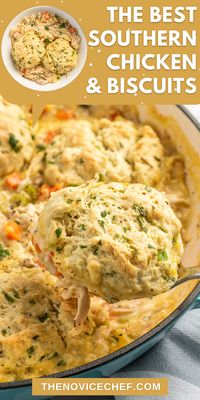 This Southern Chicken and Biscuits recipe is a comforting casserole with homestyle biscuits, shredded chicken, and tender veggies, all in a creamy sauce. Perfect for cold weather!