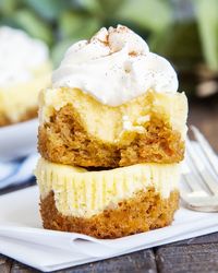 These delicious mini carrot cake cheesecakes have a moist carrot cake bottom, and creamy cheesecake on top, all in a small hand held dessert.