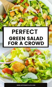 Sometimes you need just a delicious, basic tossed green salad for a crowd! This salad is perfect for a dinner party and could not be easier! The simple homemade dressing adds so much fresh flavor and makes it's truly special, yet hassle free! #greensalad #easysidedish #feedingacrowd #partyfood | www.getonmyplate.com