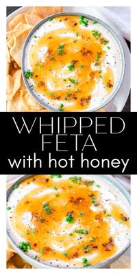 Whipped Feta with Hot Honey is an easy but impressive appetizer that everyone will love! The whipped feta dip has crumbled feta cheese, sour cream, olive oil, honey, lemon juice and zest, and salt, and is topped with a honey and red pepper flake drizzle. It’s the perfect combination of tangy, sweet, and spicy!