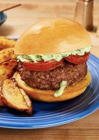 Easy burger recipe with griddled tomato, creamy pesto, and potato wedges | More recipes on www.HelloFresh.com