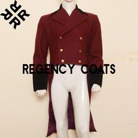 Regency Tailcoat, Jeremy Malcolm Tailcoat, 18th Century Tailcoat, Maroon Wool Coat By Regency Coats With Worldwide Expedited Shipping Items: Material: 100% Wool Color: Maroon (Custom colors available) Stitching: Tailored stitched for a perfect fit Availability/Accessible: The price includes only the jacket itself; accessories are not included. Please note that colors may appear slightly different due to camera reflections. This jacket is available for men, women, and children. Custom color options are available. Plus-size jackets are also offered. Size Information: To ensure the perfect fit, please provide the following measurements: Sleeve Length: Measure from the top of the shoulder bony point down the arm to the wrist. Shoulder: Measure horizontally across the back from one shoulder tip