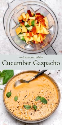 This no cook Cucumber Gazpacho is cool, creamy, and refreshing on hot summer days! It features summer tomatoes, sweet peaches, garlic, and lots of fresh basil and mint. This cold soup makes a lovely starter or can be served alongside a salad and protein for a larger meal. GF, DF, Vegan #wellseasonedstudio #gazpacho #soup #coldsoup #summersoup #cucumber #peach #cucumbersoup