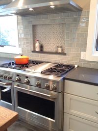 Beautiful Handmade Subway Tile Kitchen Backsplash With Niche in Blue Crackle Glaze