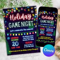 Edit your own holiday game night invitations with this colorful Canva template. Sizes included are 5x7, 4x6, 8.5x11, A4 and a mobile version. All of the text is editable! You can also move around and adjust the graphics. HOW DOES IT WORK? This is an editable template accessed on canva.com. Right after ordering go to your Etsy purchases page and download the attached pdf for the link to your template. You will need a free Canva account to access and edit your template.  I am available to assist if you have any questions. Contact me through Etsy messages. Don't share the editable template freely so that others can make their own version of the invite without purchasing. (Of course you can share your customized invitation!) Don't resell the template or use it to make your own template for sal