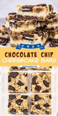 Oreo Chocolate Chip Cheesecake Bars - creamy cheesecake baked between layers Oreo chocolate chip cookie dough makes these dessert bars so good. Easy cheesecake bars recipe to make for parties and events.