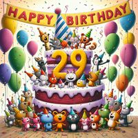 A whimsical scene showing a group of cartoon animals with party hats gathered around a large, colorful cake with '29th' written in icing. Above them floats a banner saying 'Happy Birthday' against a backdrop of floating balloons and confetti. Generated with these themes: 29th . Made with ❤️ by AI.