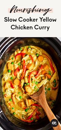 Delicious & healthy slow cooker yellow chicken curry made with warming spices, coconut milk and a hint of peanut butter for savory flavor. This nourishing, easy yellow chicken curry recipe packs plenty of veggies and makes the perfect weeknight dinner for the whole family! Option to serve it with rice, quinoa or cauliflower rice.