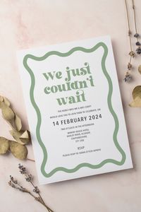 Okay, you couldn't wait to get married! This is the perfect elopement announcement and party invitation to invite your guests to the after party. Its trendy wavy edge effect design will catch the eye of all your invitees, as well as its beautiful on trend colour of sage green. If you have a specific theme, let me know and I'll change the colour to match. This is a Digital Design and no Physical Item will be sent to you. *If you would like your invitations prints, just ask and I'll arrange a quot