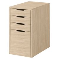 ALEX drawer unit/drop file storage, white stained/oak effect, 14 1/8x27 1/2 ". A clean look that’s easy to like and mix with other styles, either supporting a desk or standing alone. The back is finished so you can place it in the middle of the room – all sides are just as beautiful. Main parts/ Drawer front: Particleboard.