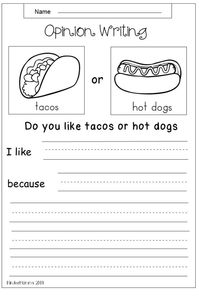 This is a free opinion writing printable for early elementary school. Students will choose between hot dogs and tacos and write and color.