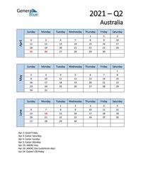 Free quarterly calendar for Australia with holidays. Holiday calendars in PDF, Word, and Excel are printable and easy to customize.