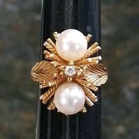 Art Deco / Mid Century 14k Yellow Gold Double Pearl, Starburst and Diamond Ring  | eBay