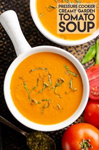 Pressure Cooker Creamy Garden Tomato Soup is a healthy vegetarian recipe made in your Instant Pot with ripe tomatoes from the garden along with Parmesan, balsamic vinegar and pesto for amazing flavor!