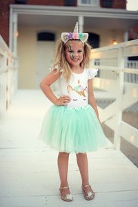 Our Girls Pastel Unicorn Costumes feature a Pastel Unicorn Leotard , matching pastel mint tutu, and matching pastel unicorn headband! Not looking for an entire costume? Separate costume options are available in the drop-down menu to the right!  Our white leotards are FULLY LINED which make them much higher quality than leading competitors'. Unicorn is hand-drawn and pressed with professional grade heat transfer vinyl using a permanent heat-press procedure ensuring the highest quality for your li