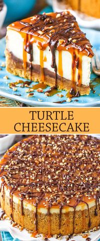 This Turtle Cheesecake is made with a graham cracker crust and plenty of caramel, chocolate and pecans!