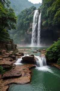 A hidden waterfall tumbles into a lush green pool in the heart of a dense forest. Sunlight filters through the leaves, casting a magical glow on the serene scene. #waterfall #forest #nature #naturephotography #naturelover #hiddengem #outdoors #travel #explore