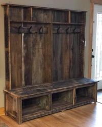 "Reclaimed Weathered Barnwood Furniture Rustic Halltree w/ Bench Seat, Trunk, & Hanger Hooks Overall measurements; 72\"H x 72\"W x 20\"D *Please contact us before purchasing if you have other Custom Order Inquiries not listed here* (Due to fluctuating pricing & logistics with shipping Size & Weight of Furniture when crated, we can not provide accurate shipping prices at the time of purchase through Etsy) *Please make sure ALL OF YOUR CONTACT INFORMATION IS CURRENT and up to date: suc