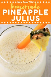 Homemade Pineapple Julius is fresh, cold, fruity, frothy, sweet, a little bit creamy, and so refreshing and delicious! There's just 6 simple ingredients, and it takes only 5 minutes to make. One sip, and you'll be hooked! #pineapplejulius #orangejulius #pineapple #summerdrinks | nowcookthis.com