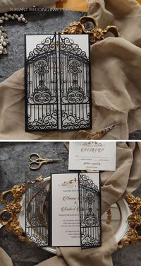 Classic vintage style black gate design laser cut wedding invites #EWI #blackweddinginivitations #lasercutweddinginivitations