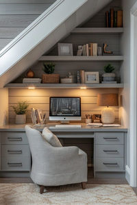 Utilize under-stair space for a cozy tiny apartment home office, complete with built-in shelves and tailored desks. Discover more under-stair designs here.